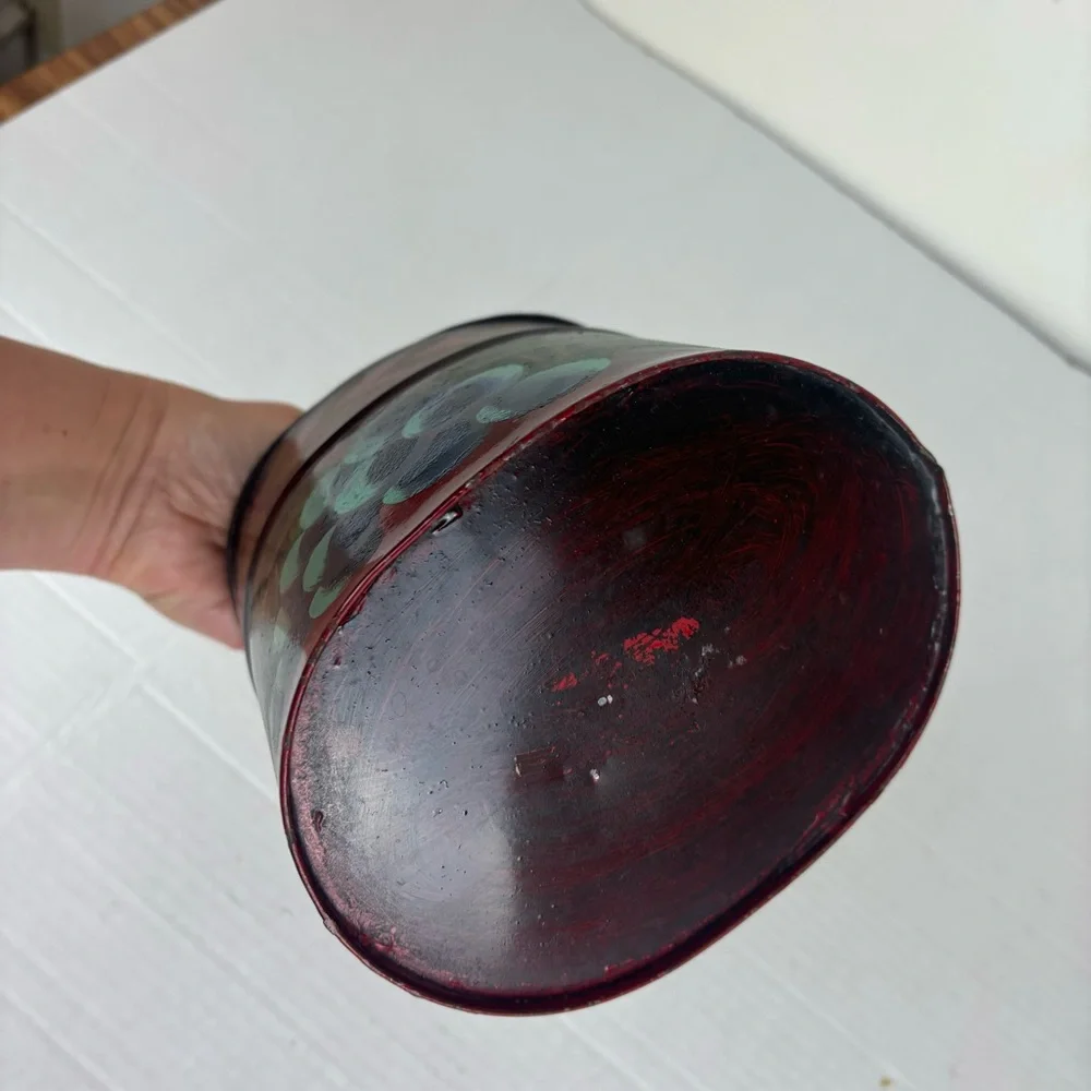 Vintage toile hand-painted tin oval box-signed-grape design